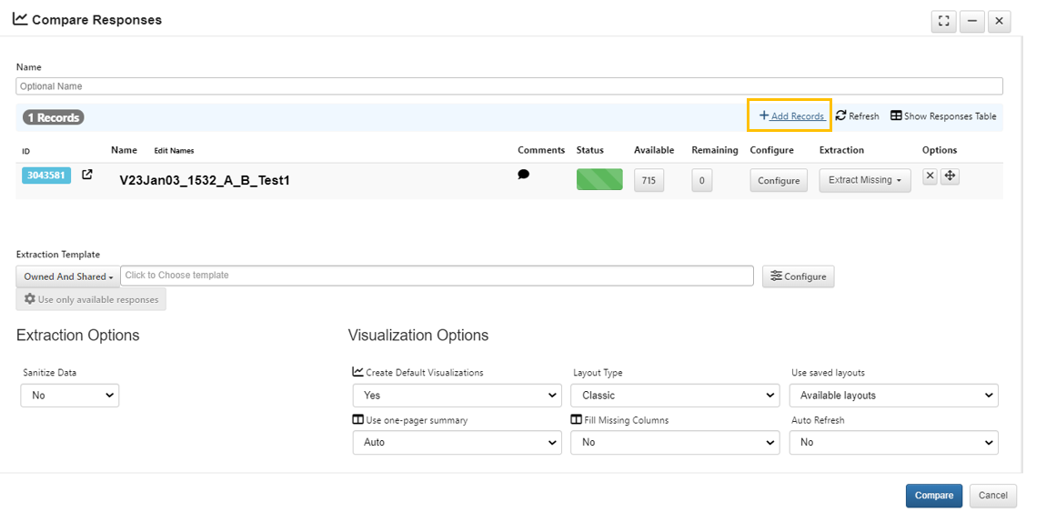 compare responses settings with the option "add records" highlighted