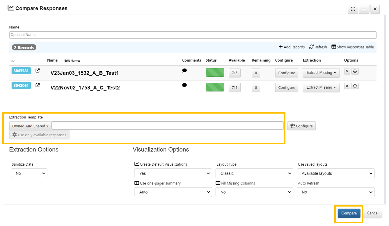 settings for compare responses. option for adding comparing template and the button "Compare" is highlighted.