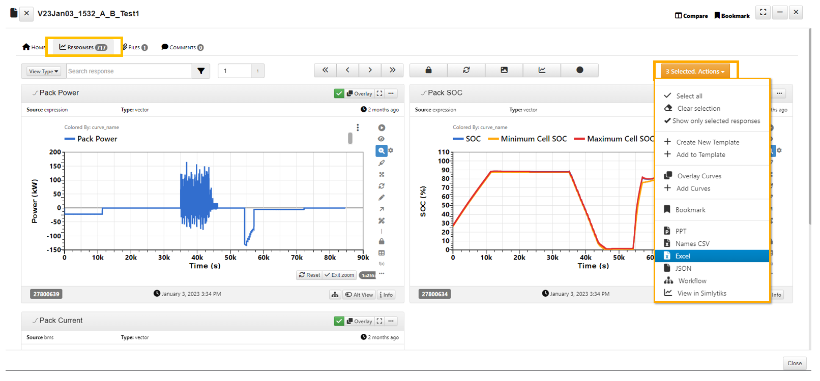 multiple responses were selected with green check marks and the "excel" option is highlighted from the "Selected Actions" drop down menu.