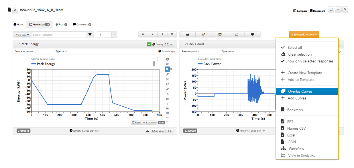 two responses are selected and in the "selected actions", the option "Overlay Curves" are highlighted.