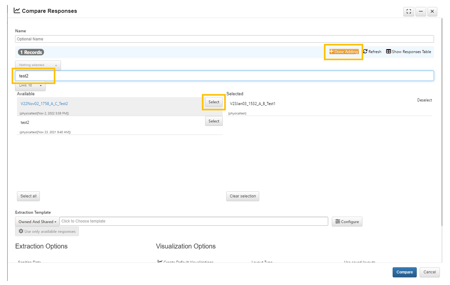 search bar, option to "select" a found record to add for comparison, "done adding" are highlighted for comparing responses settings.