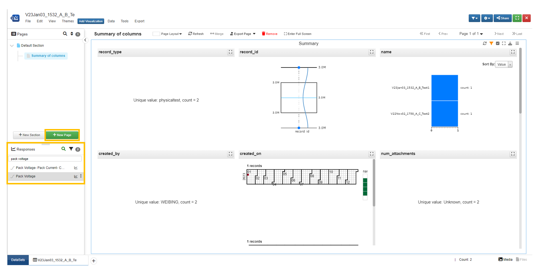 layout from d3VIEW Simlytiks with "responses" section and the "add New Page" button highlighted