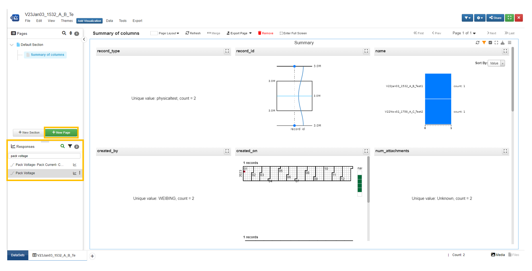 layout from d3VIEW Simlytiks with "responses" section and the "add New Page" button  highlighted