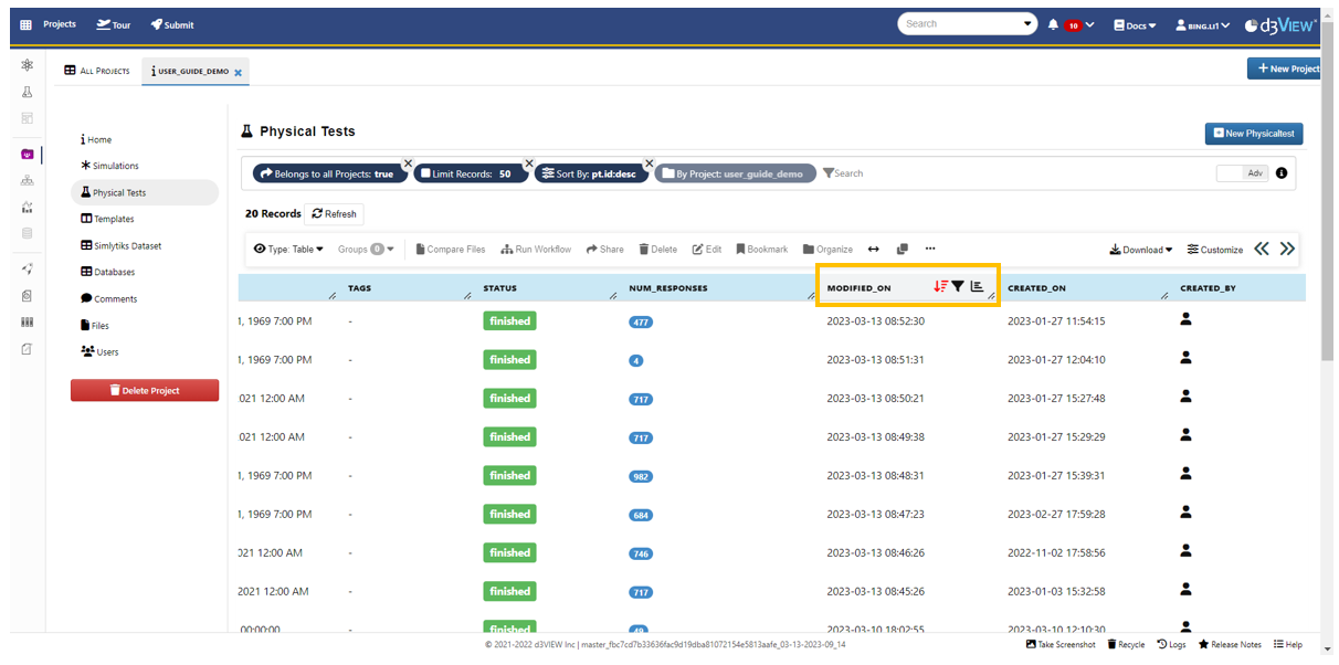 Meta data columns with the sort, filter options on the "Modified On" column being highlighted