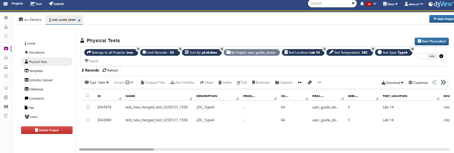 two test records shown with the filters: Test Location "Lab 14", Test Temperature "20C", and Test Type "TypeA"