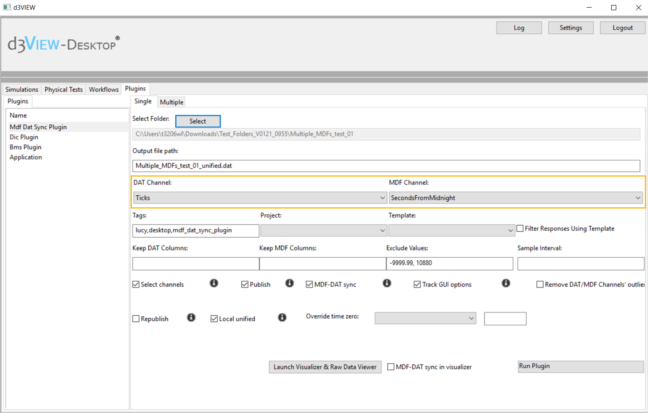 d3VIEW MDF DAT Sync Plugin interface with channel, project, and template controls