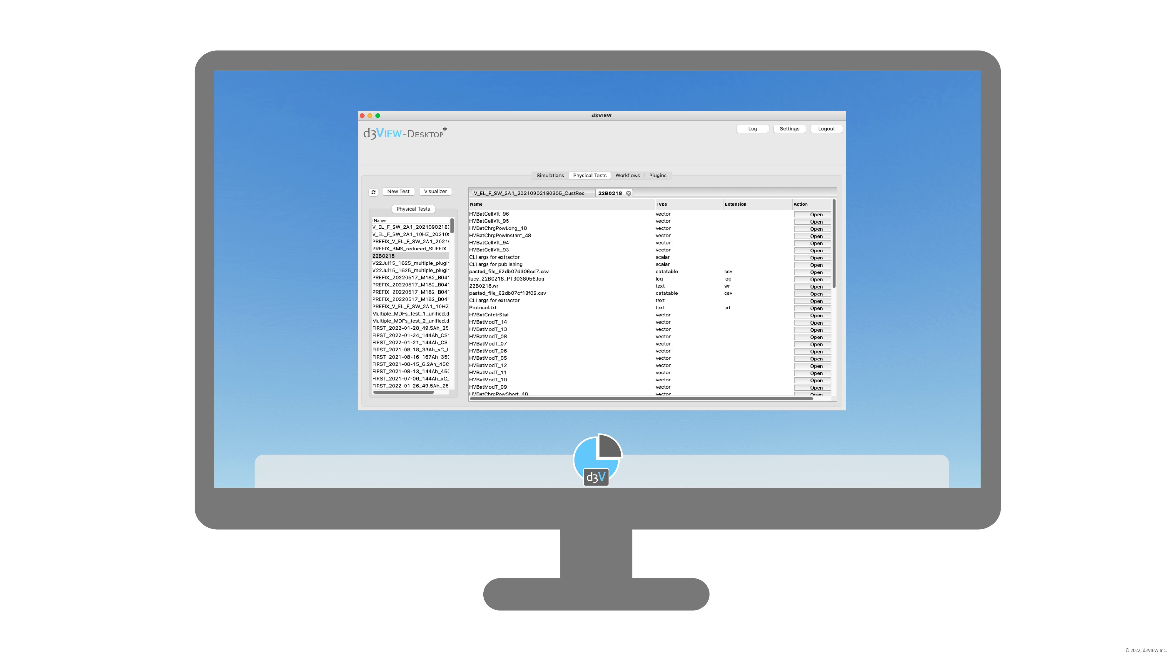 d3VIEW Desktop window with simulations, physical tests, workflows, and plugins tabs