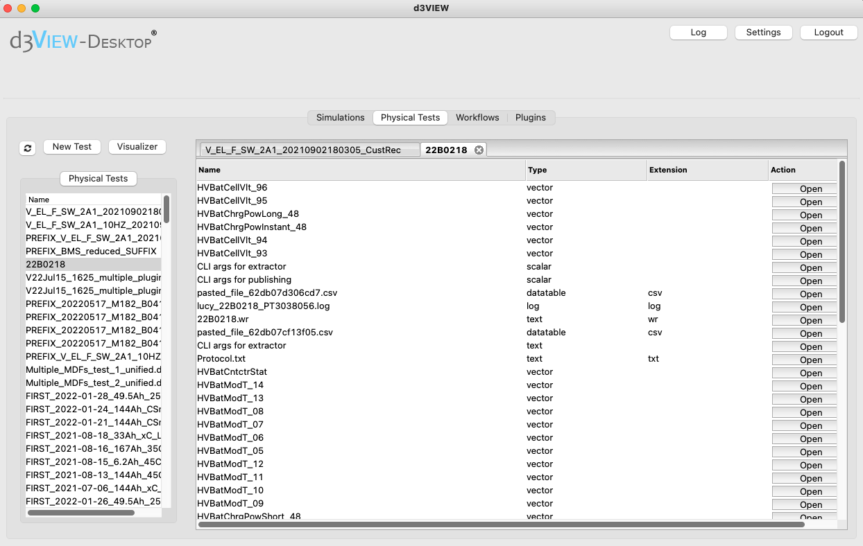 d3VIEW Physical Tests App interface